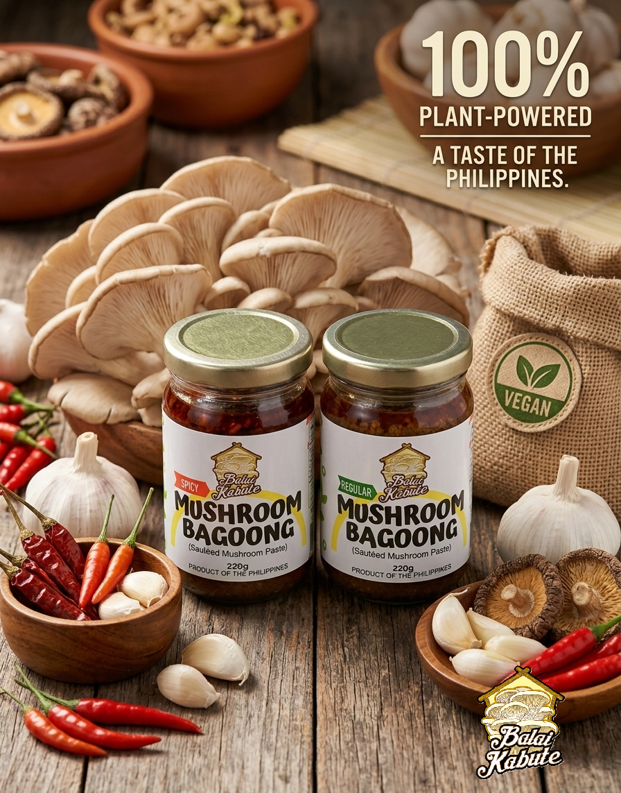 Spicy and regular Balai Kabute mushroom bagoong jars with oyster mushrooms, garlic and chili