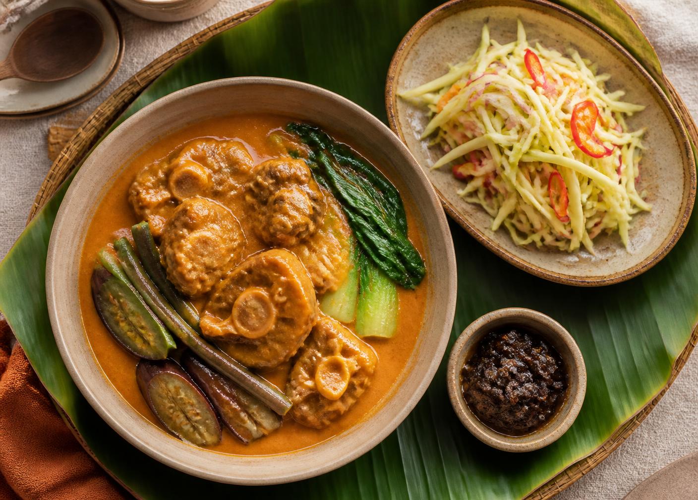 Kare-kare and green mango salad served with a bowl of mushroom bagoong